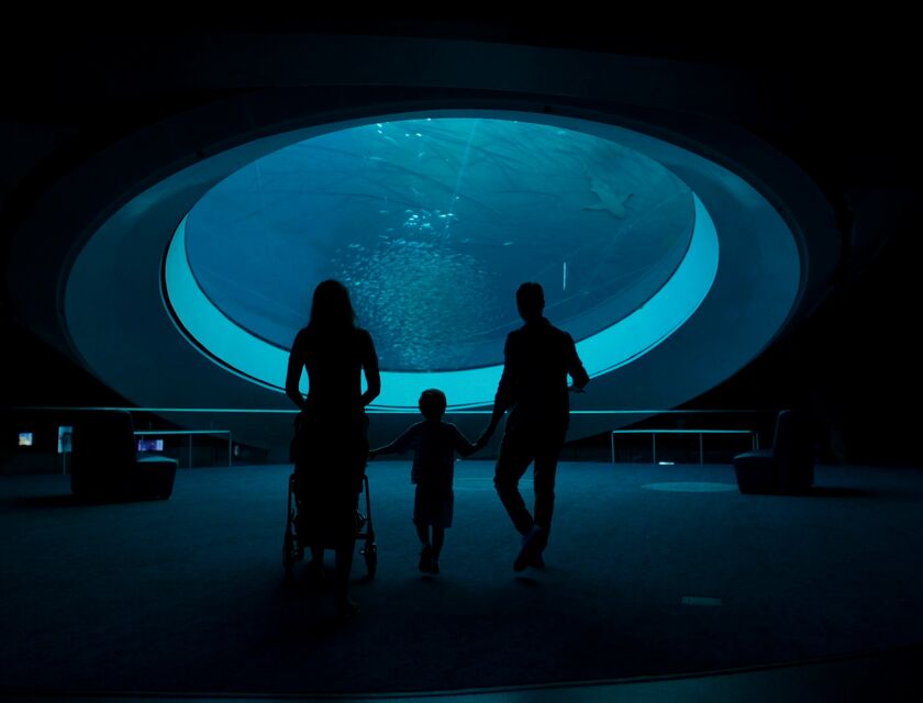 Graco "I Got You Babe": a family silhouetted before the illuminated oval aquarium window, stroller beside them
