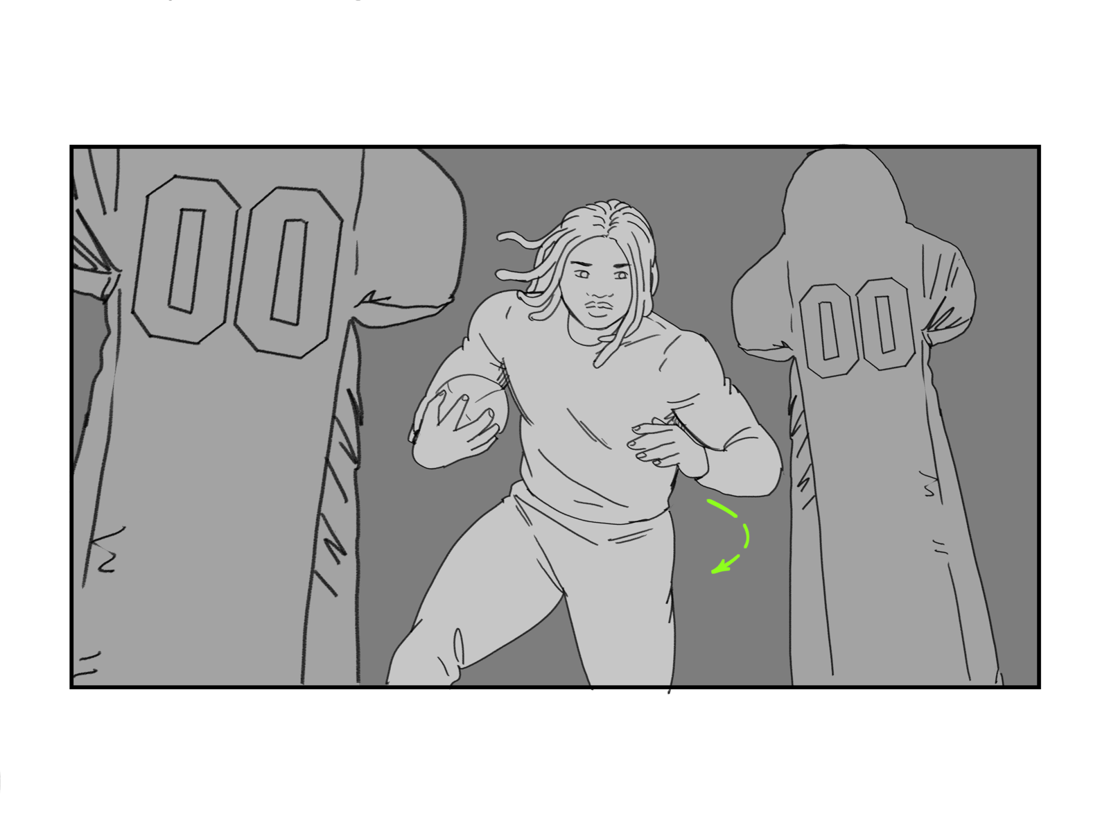 Year 2 hand-drawn storyboard — grayscale frame of a player running through mannequin obstacles, green motion arrow.